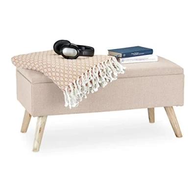 Bild av Relaxdays hall förvaringsbänk, vadderad, träben, tygskydd, H x B D: 39,5 79,5 cm, beige
