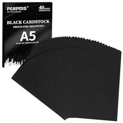 Bild av PENPRIS 300 gsm svart kartong 40 ark i A5 storlek av papper omslagskort 100 pund tungvikt tjockt för gör det själv korttillverkning, inbjudningar, vykort, visitkort PAC01BK040