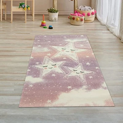 Bild av matta dröm barnrum lekmatta himmel moln stjärnor design rosa grädde storlek 80 x 150 cm
