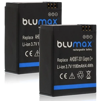 Bild av Blumax 2 x batteri 1180 mAh ersätter GoPro Hero 3 Plus 3/3 svart, silver, vit AHDBT 201, 301, 302, AHBBP ACARC 001, AWALC 001