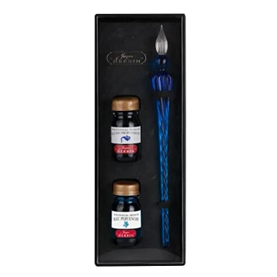 Bild av Jacques Herbin 29313T låda med 2 bläck10 ml, djupblå och periwinkle blå en ultramaringlasfjäder tillverkad i Frankrike