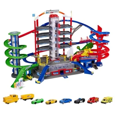 Bild av Majorette 212059989 Super City Garage med Två Motoriserade Hissar, 7 Våningar, 35 Parkeringsutrymmen, Batteridrivet Tåg och 6 Bilar i Metall, 128 x 78 73 cm, Från 5 år