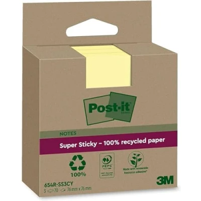 Bild av Post it Superklibbiga 100% återvunna anteckningar, paket med 3 dynor, 70 ark per dyna, 76 mm x mm, kanariegul extra klisterlappar tillverkade av återvunnet papper