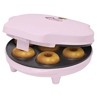Bild av Bestron donut Maker i retrodesign, mini för 7 små munkar, inklusive bakamp och non stick beläggning, 700 watt, färg: rosa