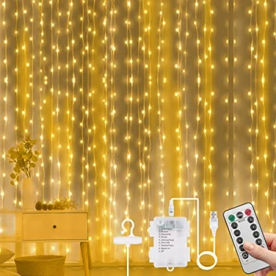 Bild av Vicloon Gardinljusslingor, 300 varmvita LED gardinlampor, 3 m, 8 lägen, vattentäta fönsterljusslingor, USB och batteridriven med fjärrkontroll, timer för utomhus &amp; inomhusfest, sovrum dekoration