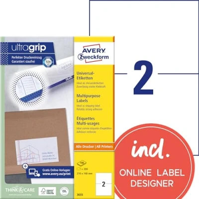 Bild av Avery 3655 Universaletiketter, 210 x 148 mm, 200 Etiketter, Vit