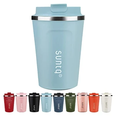 Bild av SUNTQ Kaffemugg To Go, termosmugg i rostfritt stål, läckagesäker med lock, återanvändbar kaffekopp, miljövänlig resemugg, himmelsblå, 380 ml