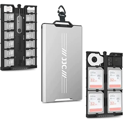 Bild av JJC Pop up metall minneskort fodral hållare Ultra Silm för 12 Micro SD TF MSD + 4 2 Nano SIM kort med karbinhake platt huvud verktyg mikro adapter borttagningsverktyg och minilinjal
