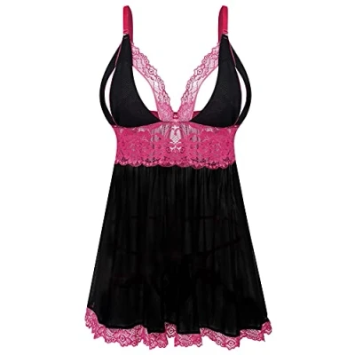 Bild av EVELIFE Damer överdimensionerade underkläder set spets sexig chemise nattkläder babydollklänning med G string, svart, XXL