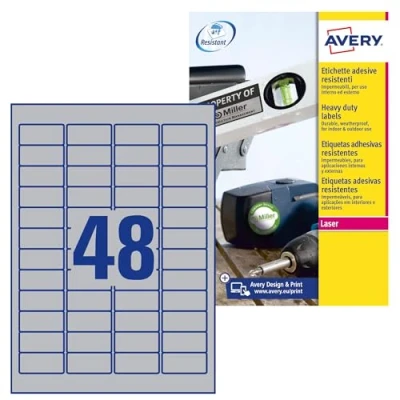 Bild av AVERY Zweckform L6009 100 typskylt folieetiketter (4 800 klistermärken, 45,7 x 21,2 mm på A4, starkt självhäftande, slitstark, väderbeständig, tryckbar självhäftande film, blanka) ark, silver