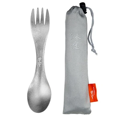 Bild av TiTo Titan Spork 2 i 1 ultralätt sked gaffel servis för utomhus camping, backpacking, vandring, resor, picknick och hem med väska (titan)