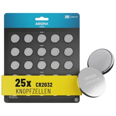 Bild av ABSINA knappceller CR2032 3 V 25 pack batterier läckagesäkra och med lång hållbarhet CR 2032, 2032 litiumbatterier, 3V knappcell för bilförslutningar UVM