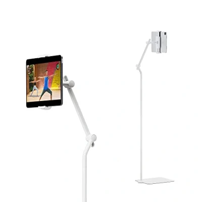 Bild av Tolv South HoverBar Tower flervinklad universell surfplatta och iPad golvstativhållare för Apple Fitness+, peloton/stationära cyklar, träning med mera (vit)