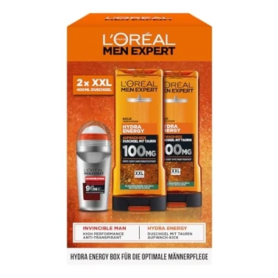 Bild av L&#039;Oréal män Expert vårdset för män, presentset med XXL duschgel och deoroller, gåva inklusive bodywash deodorant roll on, Hydra Energy, Heat Protect, 2 x 400 ml, 1 50 ml
