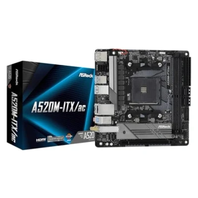 Bild av ASRock A520M ITX/AC stöder moderkortet för tredje generationens AMD AM4 Ryzen ™ / Future processorer (3000 och 4000 serien).
