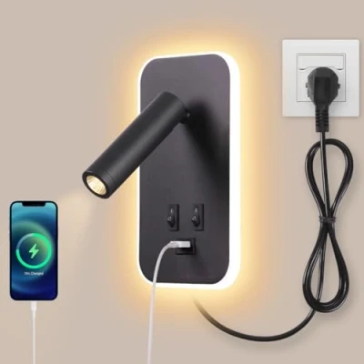 Bild av AWEKLIY LED läslampor läslampa med strömbrytare moderna sängkläder vägglampa inomhus vridbar hall sovrum hotell sänglampa （3W 3100K+9W 6000K）med usb laddningsport,Med kabel och kontakt,svart