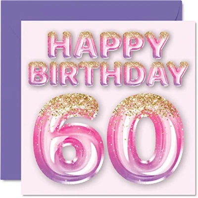 Bild av 60:e födelsedagskort för kvinnor rosa och lila glitterballonger grattis på 60 år gammal kvinna mamma barnflicka mormor farmor moster, 145 mm x sextioårsdagen