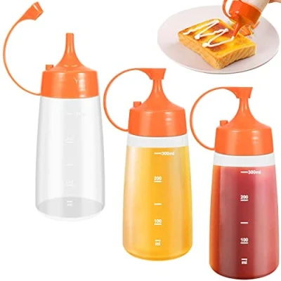 Bild av 3 stycken klämflaskor av plast, 300 ml klämflaska med lock, såsflaska kondiment squeeze flaska, såsflaskor dispenser, doseringsflaskor för dressing, ketchup, vass sås, olivolja