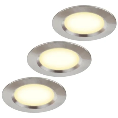 Bild av HCFEI Uppsättning av 3 möbellampor 12 V ultra platt W LED infälld spotlight 55 mm hålutskärning med 2 m kabel, IP44 takspotlight för spegelskåp, vitriner, möbler och skåp (borstat rostfritt stål