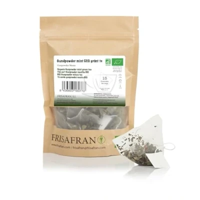Bild av FRISAFRAN Ekologiskt myntakrutgrönt te i pyramider 15En 30g Antioxidant japanskt grönt Matsmältningskanalen uppfriskande dryck Infusion av mynta rent Mintblad varm kall