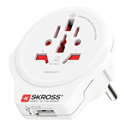Bild av SKROSS 1.500266 World to Europe Travel Adapter (Shuko) med USB 1.0 uttag 5.0 V DC/Max. 2,4 A Effekt och spänning 100V 1600W / 250V 4000W Antielektriskt stötskydd