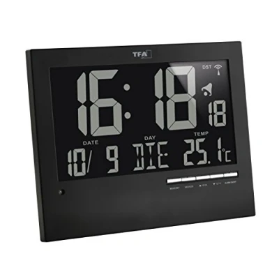 Bild av TFA Dostmann Digital radioklocka med automatisk bakgrundsbelysning, inomhustemperatur, datum, vardagdag, svart, 60,4508, L 230 x B 31 (80) H 185 mm