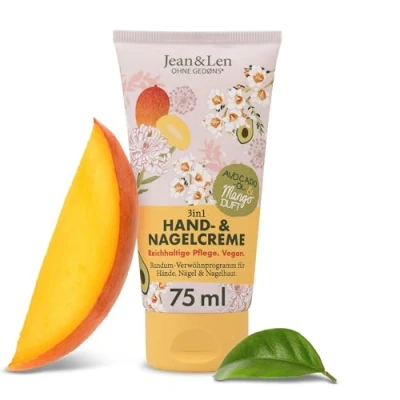 Bild av Jean &amp; Len Hand nagelkräm, mango avokado, vegansk vårdformel med shea och kakaosmör, rik vård, fruktig mangodoft, handvård, utan parabener silikoner, 75 ml
