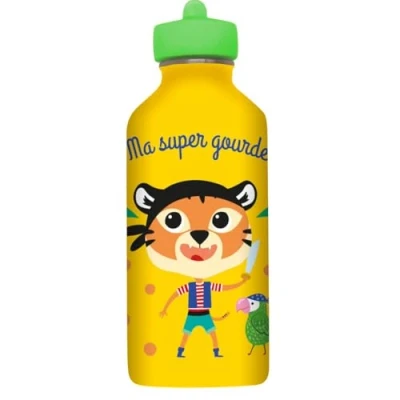 Bild av Barnflaska Draeger Paris rostfritt stål lätt att rengöra återanvändbar vattenflaska perfekt för park, skola kapacitet 300 ml 17 cm x 6,5 gul skrivet meddelande: Min superflaska