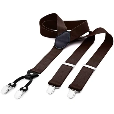 Bild av DonDon breda hängslen 3,5 cm 4 clips med läder i Y form elastisk och längdjusterbar brun