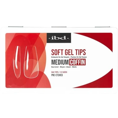 Bild av IBD Soft Gel Tips medium Coffin 504 stycken, 12 storlekar, transparenta nagelspetsar, mjuka gelspetsar för nagelförlängning, sargform tillverkad i USA