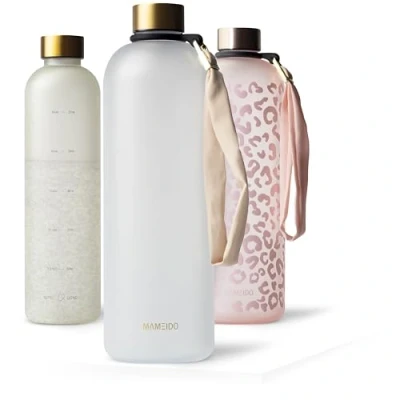 Bild av MAMEIDO dricksflaska 1,5l kolsyra lämplig, läckagesäker med tidsmarkör som drickspåminnelse, vattenflaska BPA fri för sport (Frosted White Gold, 1500ml)