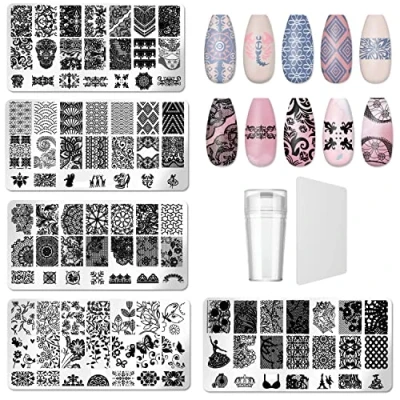 Bild av Generic Nagelmall stämpelset, 5 stycken nagelstämpelplatta med 1 st transparent stämpel, styck skrapa, nagelkonstverktyg för kvinnor flickor