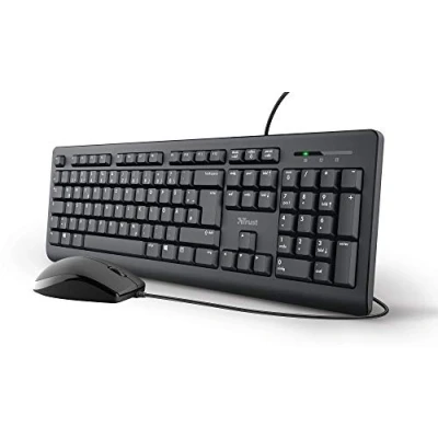 Bild av Trust 24086 Taro trådbundet tangentbord mus set tysk QWERTZ layout, tysta knappar och knappar, stänksäker, ergonomisk, USB port, PC/bärbar dator, Windows/macOS svart