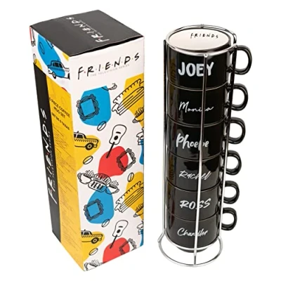 Bild av Grupo Erik F·R·I·E·N·D·S Friends Mugs 6 Piece Coffee Mug Set Stackable of with Stand Espresso Mugs, Original Set, Designer Mug, 80ml, Black