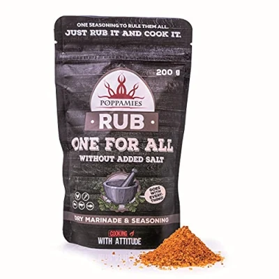 Bild av Poppamies One for All Rub Torr marinad och krydda för fisk, nötkött, grönsaker, fläsk kyckling. Perfekt grill, BBQ, ugn, broiler panna. Stor förpackning (200g)