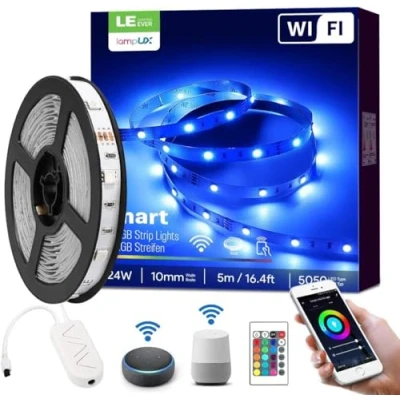 Bild av LE LED strip Alexa, 5M strips, IP20 Smart inkl. Fjärrkontroll, WiFi 5050 light chain för hem, kök, fest, TV, Kompatibel med Google Home [endast 2,4 GHz]