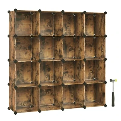 Bild av SONGMICS Skåp med 16 fack, anpassningsbar organisatör, PP plasthylla, garderobsavskiljare, skoförvaring, för sovrum, kontor, rustik brun, 153 x 31 cm