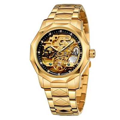 Bild av BOLYTE Tourbillon Design Herr analog automatisk rostfritt stål armbandsur mekaniskt skelett manlig klocka, 8240 guld svart, armband
