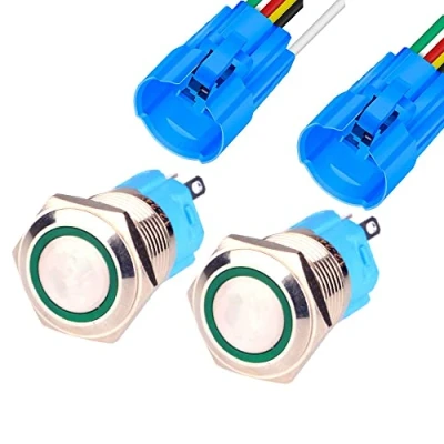 Bild av Gebildet 2 delar 0,63 tum/16 mm Rostfritt Stål Momentan Tryckknapp 12 V 24 5 A LED 1NO1NC SPDT på/av Vattentät med Kabeluttag (Grön LED)