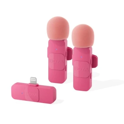 Bild av BOYA BY V2 P rosa trådlös Lavalier mikrofon för iPhone Plug Play Clip on Lapel Mini Mic Tiktok YouTube Facebook Live Stream Vlog Videoinspelning Behöver ingen app/Bluetooth