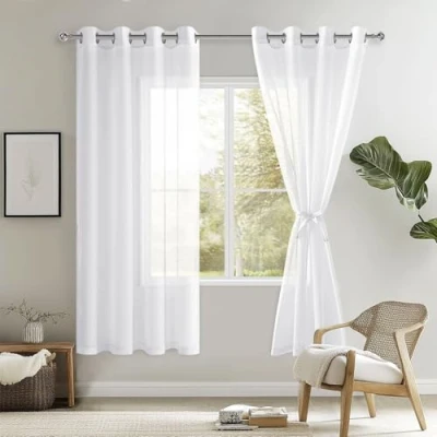 Bild av DWCN Sheer Voile gardin transparent med öljetter 2 stycken öljettskynke för vardagsrum, babyrum, sovrum, vit, 160 x 132 cm (H B),