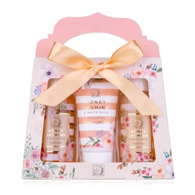 Bild av Accentra Duschset för kvinnor HONEY JASMINE i en vacker presentförpackning 3 delat vårdset med duschgel, kroppslotion och bubbelbad Wellness presentset Alla hjärtans dag &amp; Mors