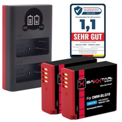 Bild av Baxxtar PRO 2X ersättning för Panasonic DMW BLG10 E och BLE9 Leica BP DC15 batterier (riktigt 1000 mAh) med infoklipp mini 18572 USB dubbel laddare