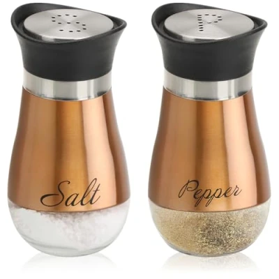 Bild av COM FOUR® 2 delad salt och pepparshakersats tillverkad av rostfritt stål glas krydddispenser kryddbehållare med etikett shaker för kryddor i kök catering (2 delat set kopparfärgad)