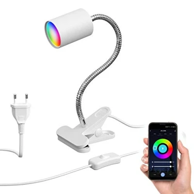 Bild av ledscom.de Klämlampa WAIKA med svanhals och strömbrytare vit matt, inkl. Smart Home RGBW GU10 LED lampa, 5.41W, 473lm