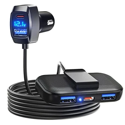 Bild av LENCENT 5 USB portar Billaddare Cigarettändare Strömadapter 31W(max) 3 A &amp; 2 Type C för fram och baksätespassagerare med förlängningskabel på 1,5 M