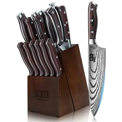 Bild av SHAN ZU Köksknivset, 16 Delar Rostfritt Stål Kockknivset med Träblock, Knivslipare, Santoku, Skalkniv, Brödkniv, Sax