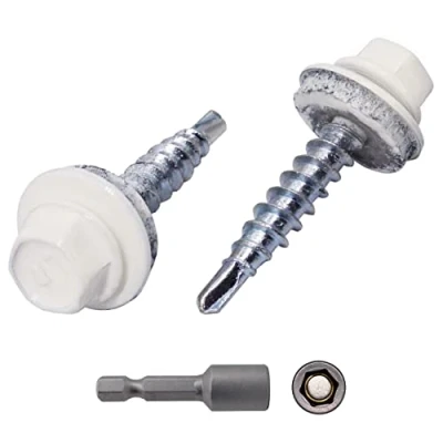Bild av (Förpackning med 250 st) Takskruvar i metall, 4,8 x 25 mm målade självborrande skruvar EPDM brickor, plåtskruv (250, ren vit RAL 9010)