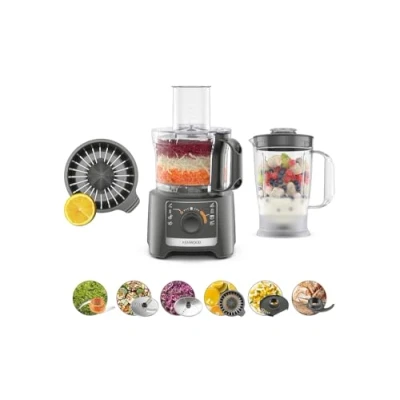 Bild av Kenwood MultiPro Compact FDP31.360GY, multifunktionell köksrobot med blandningsblad, knådnings och skivskiva, juicepress, 1,2 l mixer, 2 hastigheter + puls, 2,1 skål, 800 W, grå