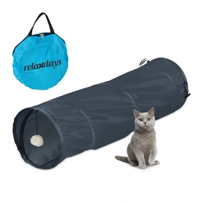 Bild av Relaxdays Kattunnel vikbar, kattrör med leksaker, interaktiv kattlektunnel, B x D: ca 90 25 cm, grå